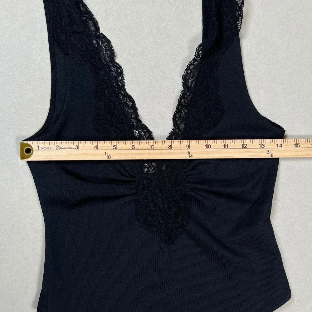 Free People Intimately First Call Bodysuit Womens Small Black Lace Trim‎ V-Neck